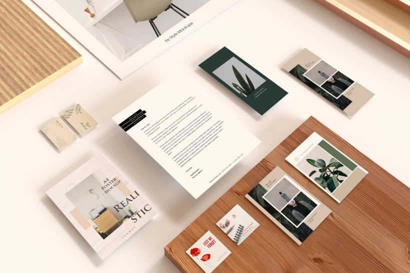 top-view-of-a-flyer-postcard-rack-card-rectangle-and-square-business-cards-mockup